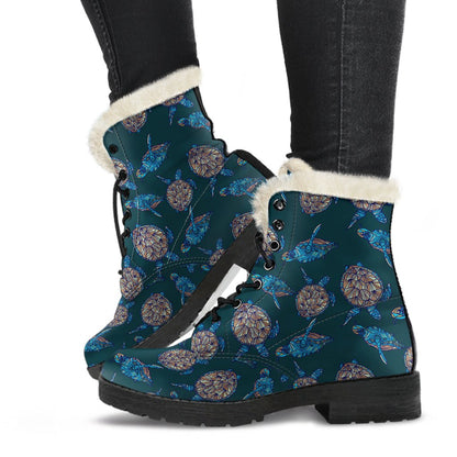 Sea Turtle Hand Drawn Blue Print Faux Fur Leather Boots-JTAMIGO.COM