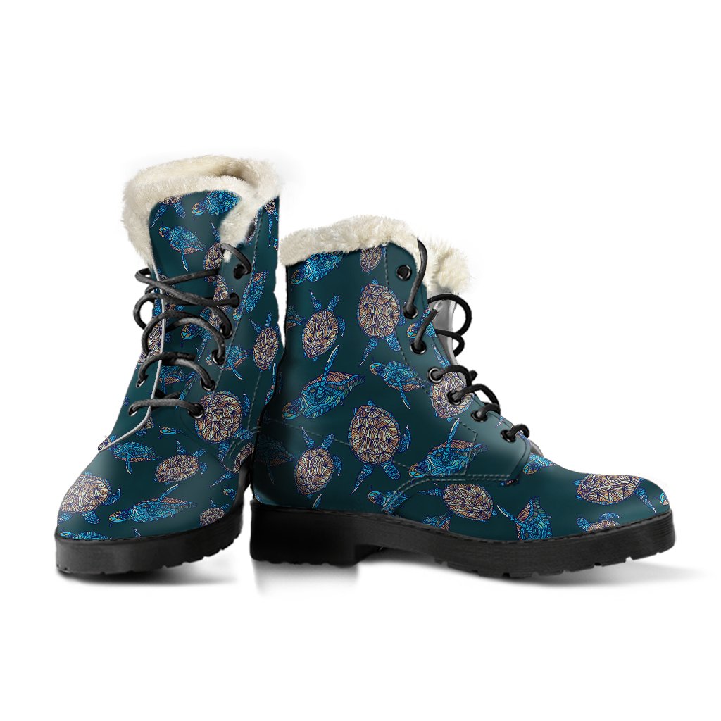 Sea Turtle Hand Drawn Blue Print Faux Fur Leather Boots-JTAMIGO.COM