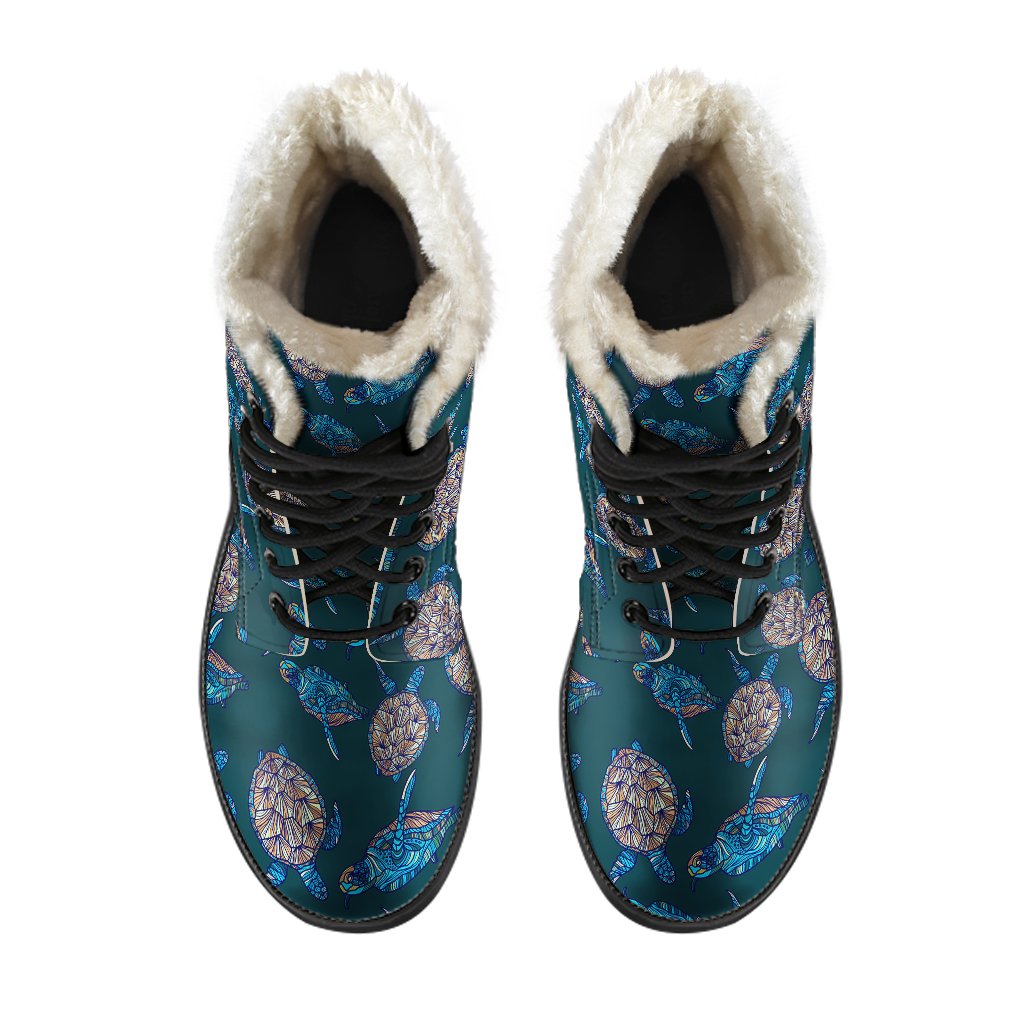 Sea Turtle Hand Drawn Blue Print Faux Fur Leather Boots-JTAMIGO.COM