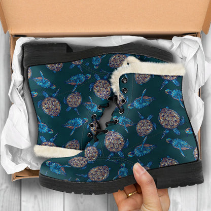 Sea Turtle Hand Drawn Blue Print Faux Fur Leather Boots-JTAMIGO.COM
