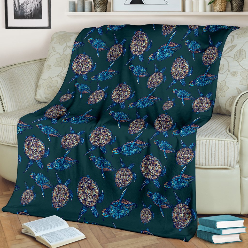 Sea Turtle Hand Drawn Blue Print Fleece Blanket