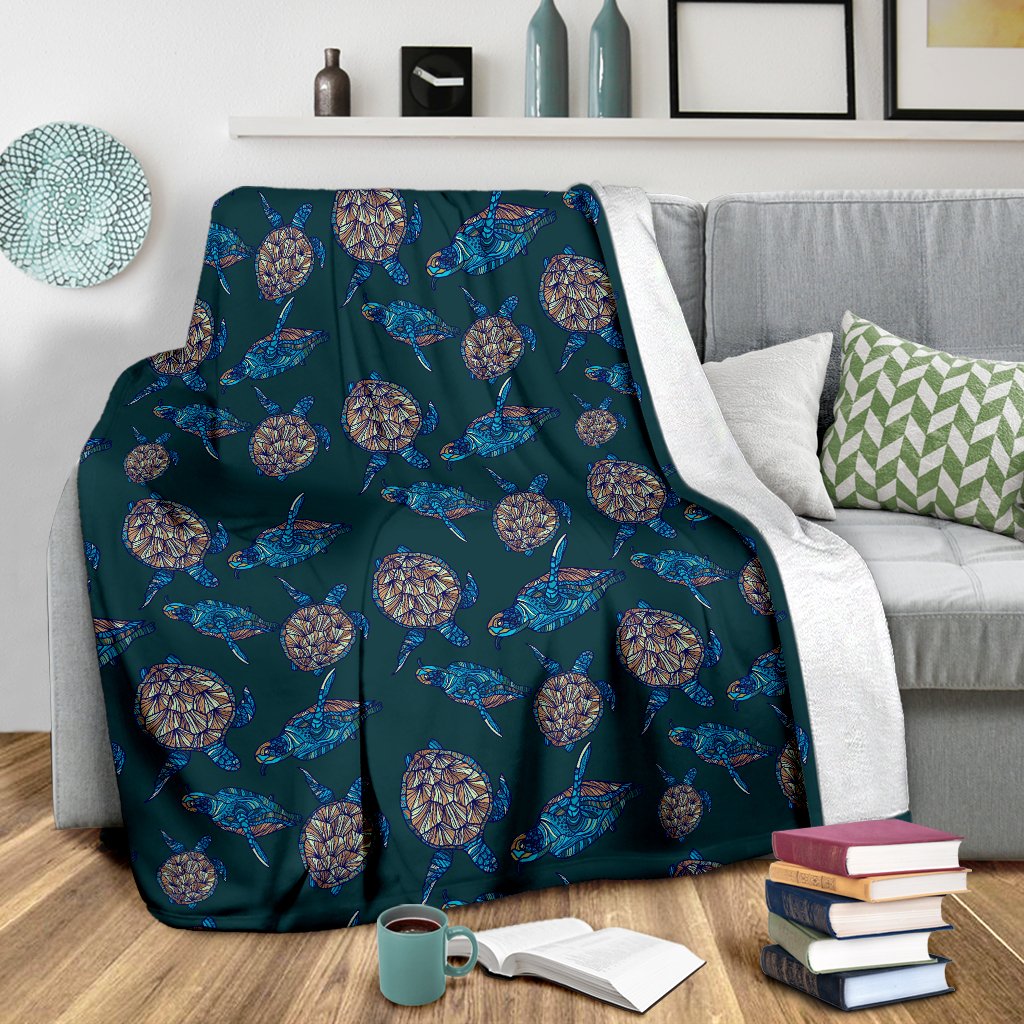 Sea Turtle Hand Drawn Blue Print Fleece Blanket