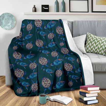 Sea Turtle Hand Drawn Blue Print Fleece Blanket