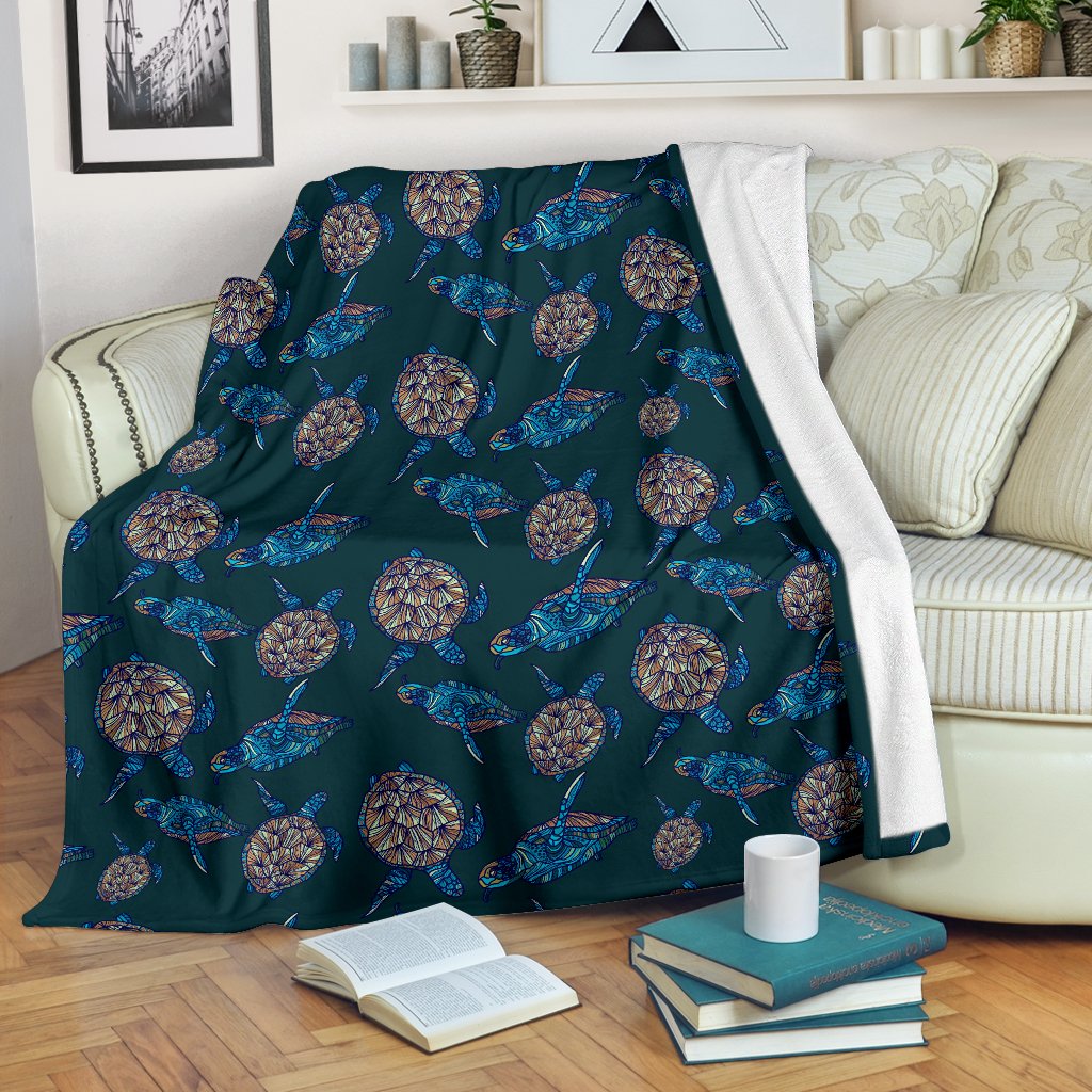 Sea Turtle Hand Drawn Blue Print Fleece Blanket