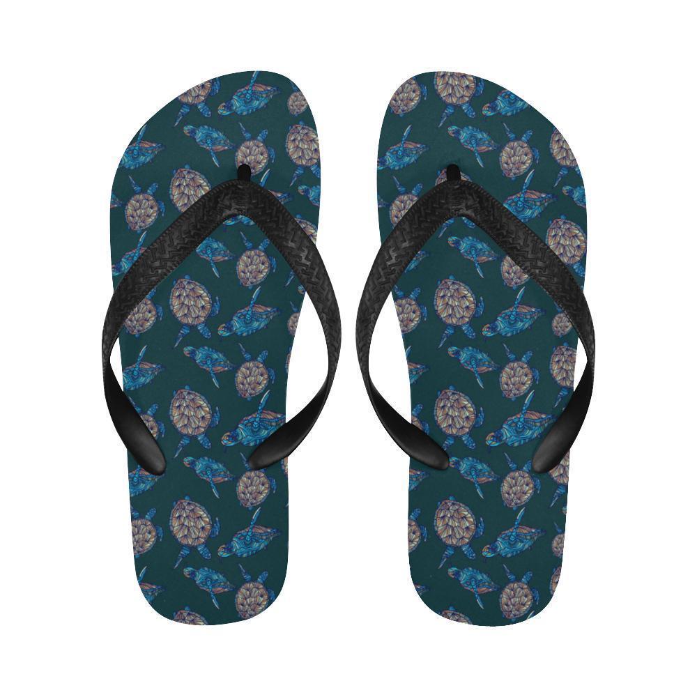 Sea Turtle Hand Drawn Blue Print Flip Flops-JTAMIGO.COM