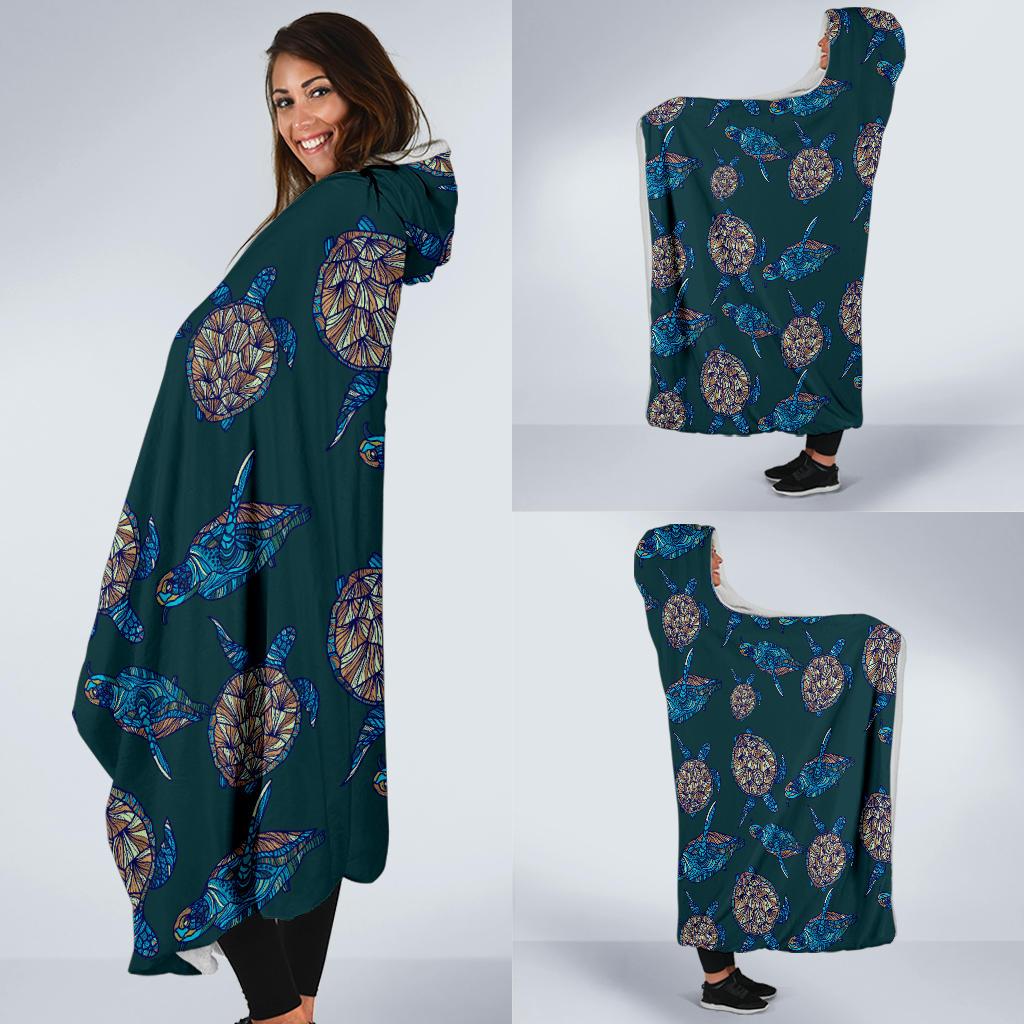 Sea Turtle Hand Drawn Blue Print Hooded Blanket-JTAMIGO.COM