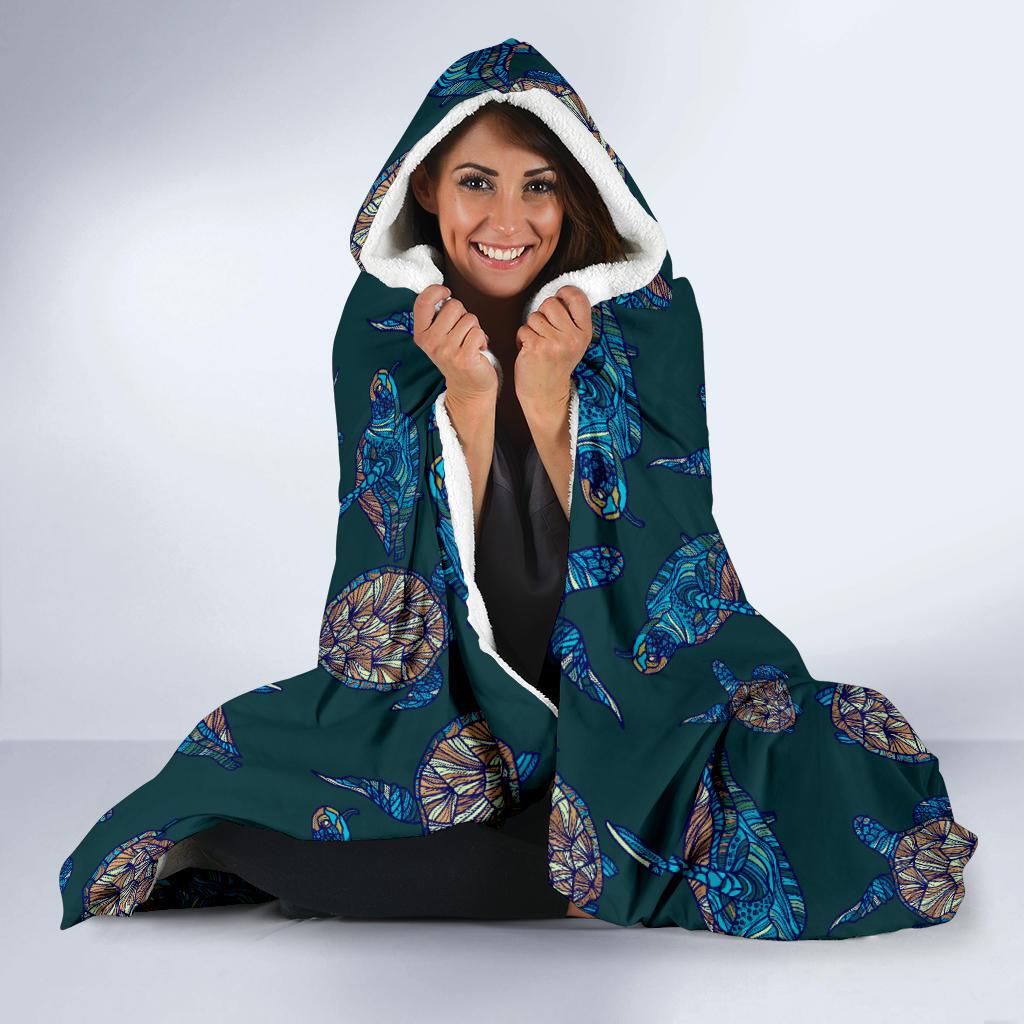 Sea Turtle Hand Drawn Blue Print Hooded Blanket-JTAMIGO.COM