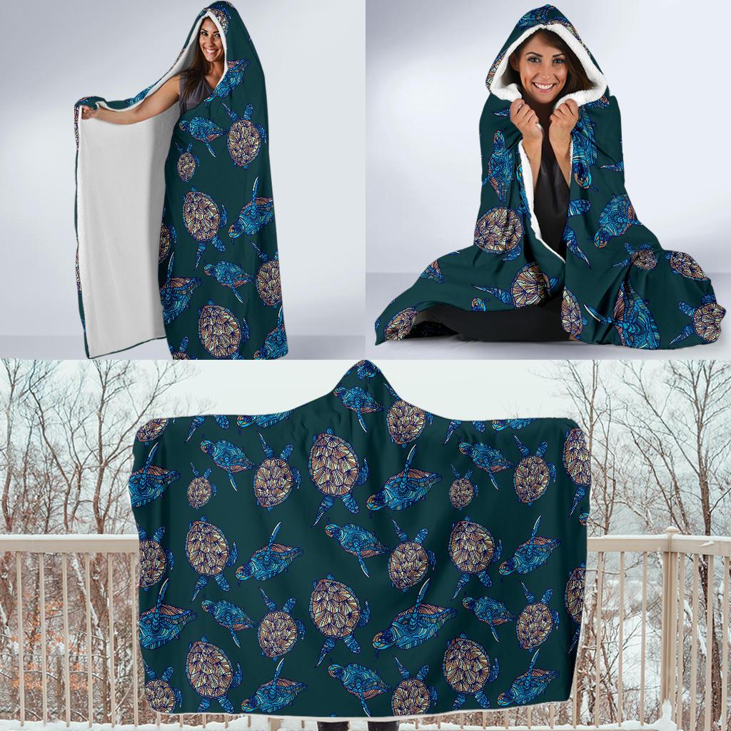 Sea Turtle Hand Drawn Blue Print Hooded Blanket-JTAMIGO.COM