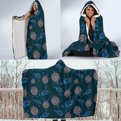 Sea Turtle Hand Drawn Blue Print Hooded Blanket-JTAMIGO.COM
