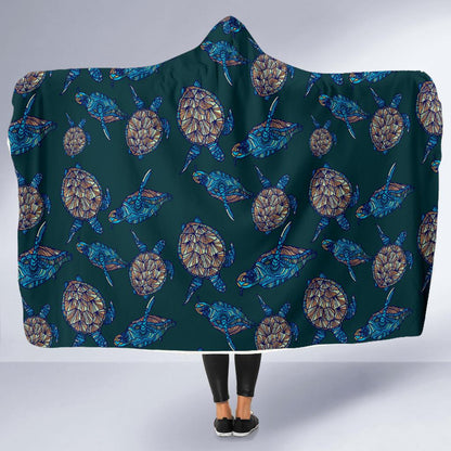 Sea Turtle Hand Drawn Blue Print Hooded Blanket-JTAMIGO.COM
