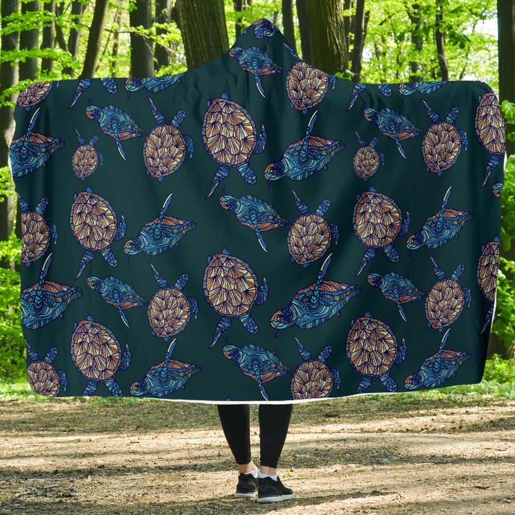 Sea Turtle Hand Drawn Blue Print Hooded Blanket-JTAMIGO.COM