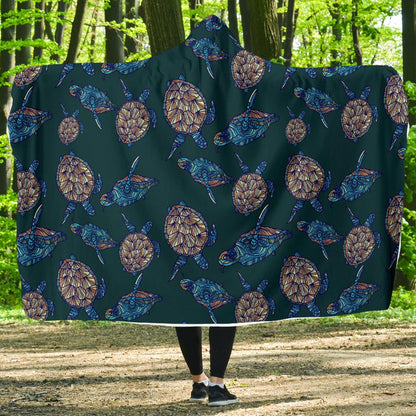 Sea Turtle Hand Drawn Blue Print Hooded Blanket-JTAMIGO.COM