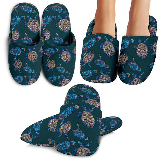 Sea Turtle Hand Drawn Blue Print House Slippers