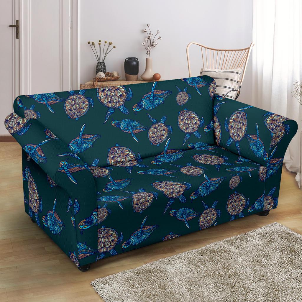 Sea Turtle Hand Drawn Blue Print Loveseat Slipcover-JTAMIGO.COM