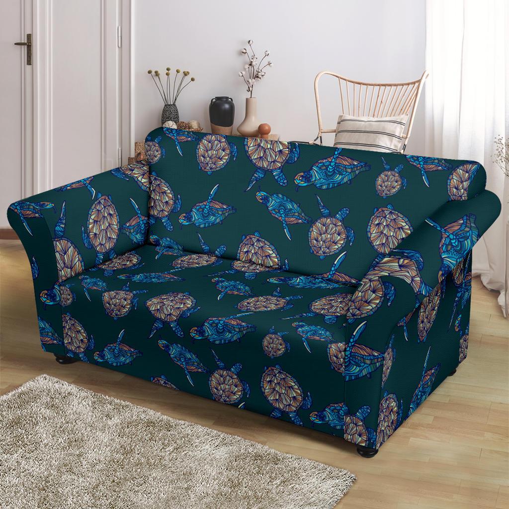 Sea Turtle Hand Drawn Blue Print Loveseat Slipcover-JTAMIGO.COM