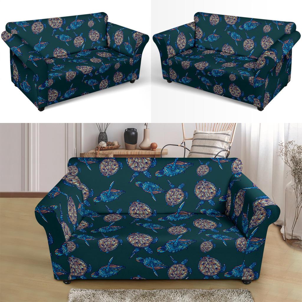 Sea Turtle Hand Drawn Blue Print Loveseat Slipcover-JTAMIGO.COM
