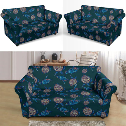 Sea Turtle Hand Drawn Blue Print Loveseat Slipcover-JTAMIGO.COM