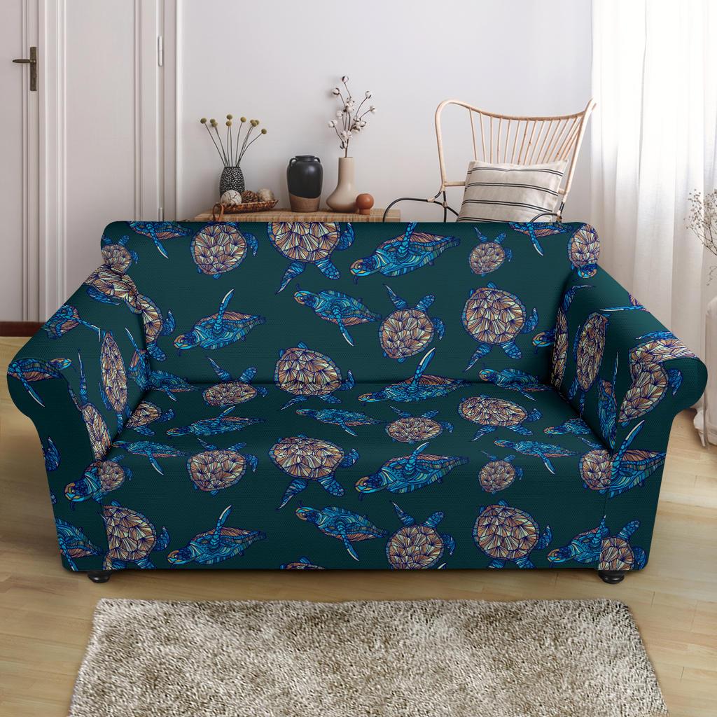 Sea Turtle Hand Drawn Blue Print Loveseat Slipcover-JTAMIGO.COM