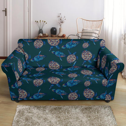Sea Turtle Hand Drawn Blue Print Loveseat Slipcover-JTAMIGO.COM