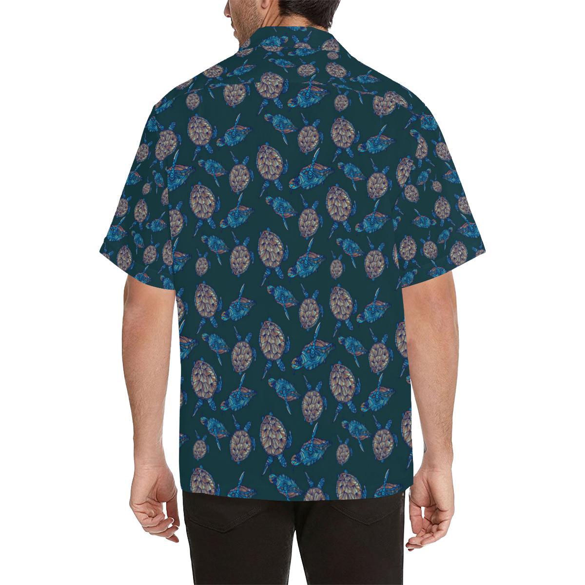 Sea Turtle Hand Drawn Blue Print Men Aloha Hawaiian Shirt