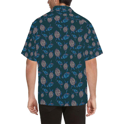 Sea Turtle Hand Drawn Blue Print Men Aloha Hawaiian Shirt