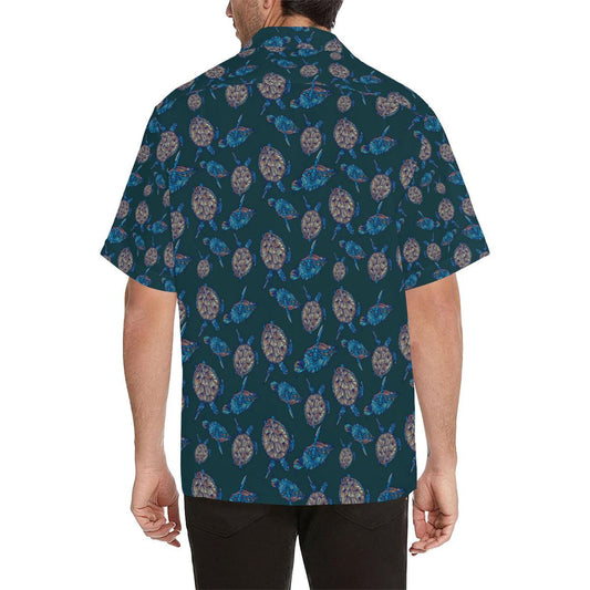 Sea Turtle Hand Drawn Blue Print Men Aloha Hawaiian Shirt