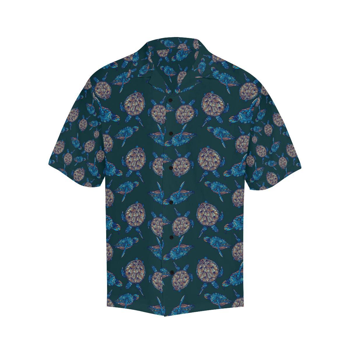 Sea Turtle Hand Drawn Blue Print Men Aloha Hawaiian Shirt