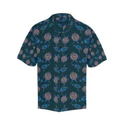 Sea Turtle Hand Drawn Blue Print Men Aloha Hawaiian Shirt