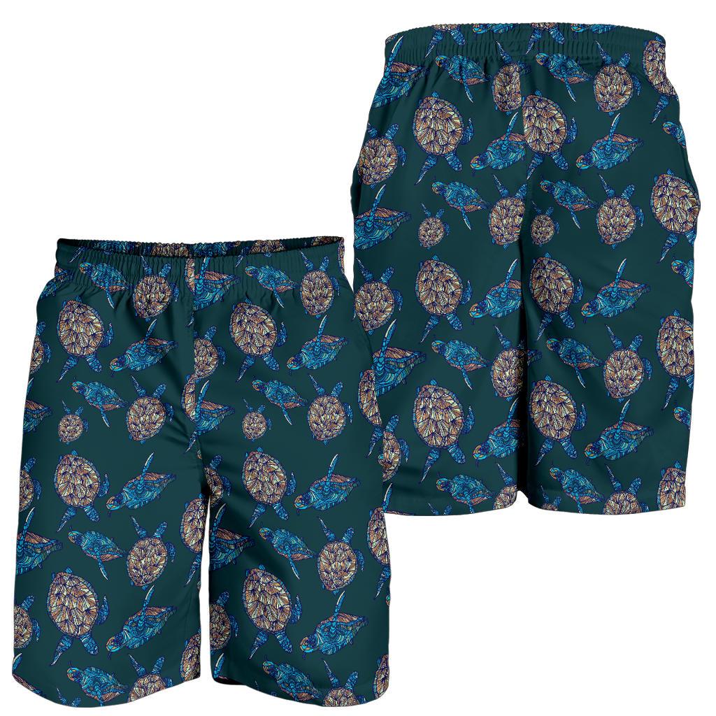 Sea Turtle Hand Drawn Blue Print Mens Shorts-JTAMIGO.COM