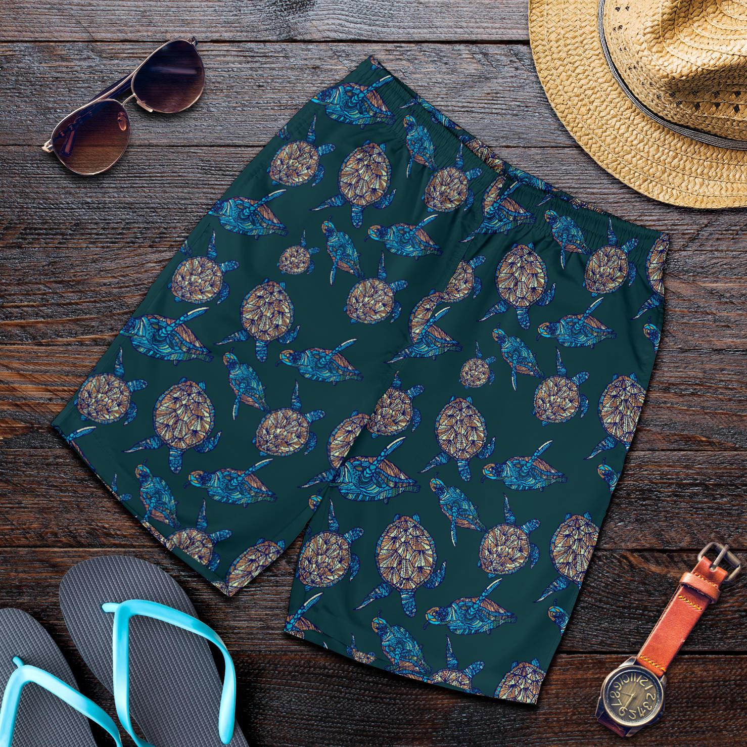 Sea Turtle Hand Drawn Blue Print Mens Shorts-JTAMIGO.COM
