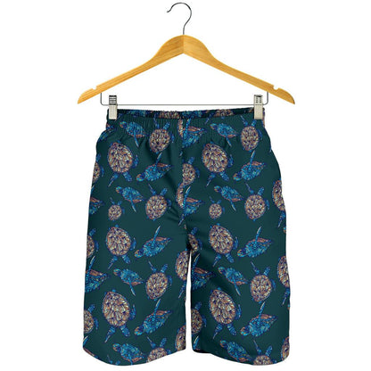 Sea Turtle Hand Drawn Blue Print Mens Shorts-JTAMIGO.COM