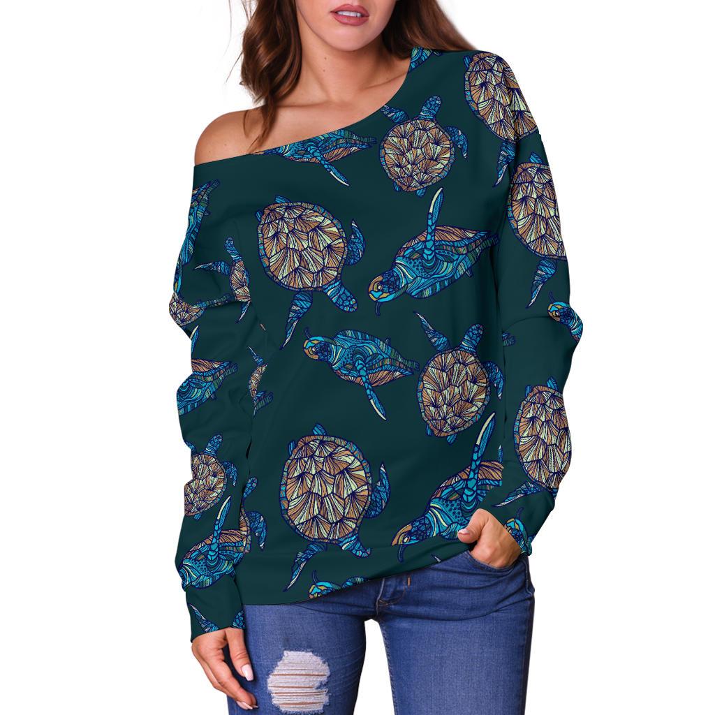 Sea Turtle Hand Drawn Blue Print Off Shoulder Sweatshirt