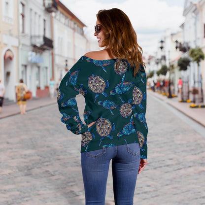 Sea Turtle Hand Drawn Blue Print Off Shoulder Sweatshirt
