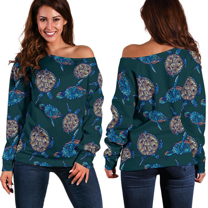 Sea Turtle Hand Drawn Blue Print Off Shoulder Sweatshirt