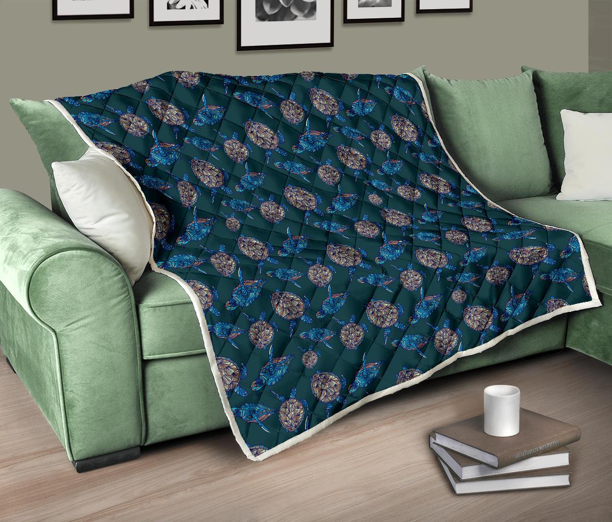 Sea Turtle Hand Drawn Blue Print Premium Quilt-JTAMIGO.COM