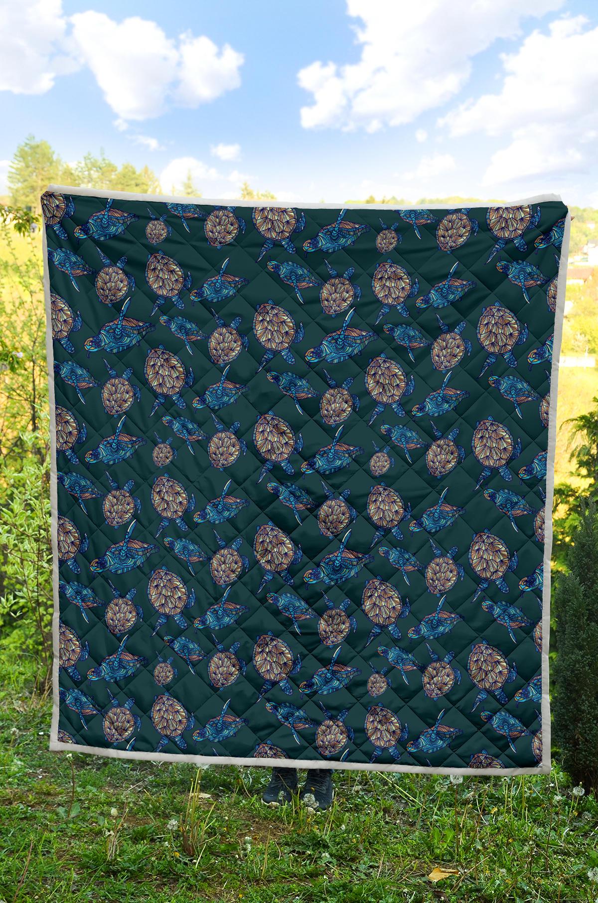Sea Turtle Hand Drawn Blue Print Premium Quilt-JTAMIGO.COM