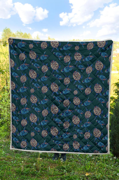 Sea Turtle Hand Drawn Blue Print Premium Quilt-JTAMIGO.COM