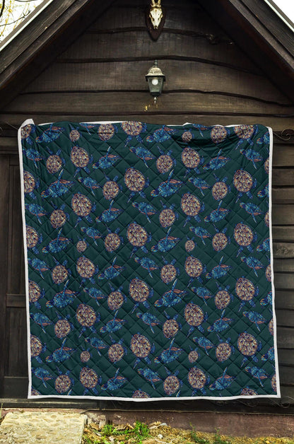 Sea Turtle Hand Drawn Blue Print Premium Quilt-JTAMIGO.COM