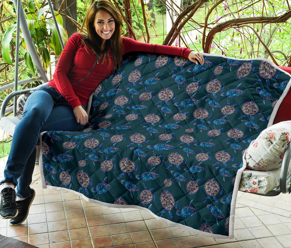 Sea Turtle Hand Drawn Blue Print Premium Quilt-JTAMIGO.COM