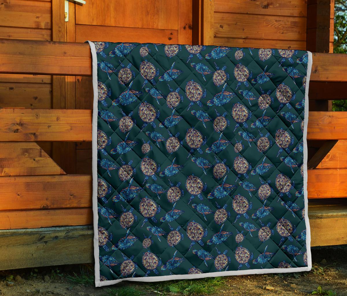 Sea Turtle Hand Drawn Blue Print Premium Quilt-JTAMIGO.COM