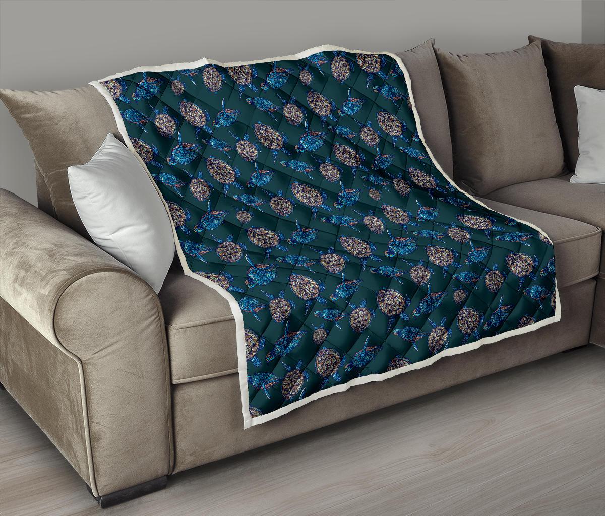 Sea Turtle Hand Drawn Blue Print Premium Quilt-JTAMIGO.COM
