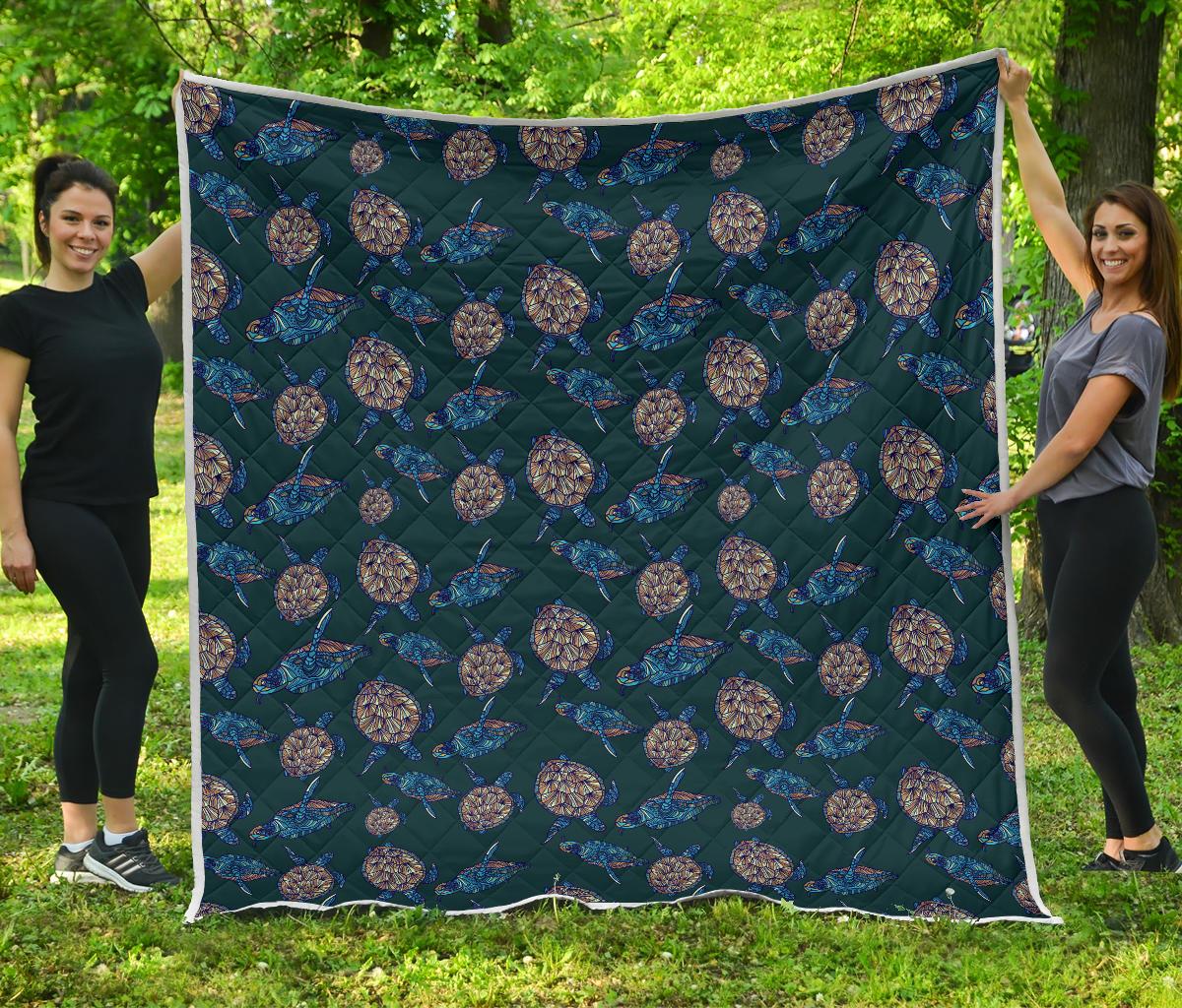Sea Turtle Hand Drawn Blue Print Premium Quilt-JTAMIGO.COM