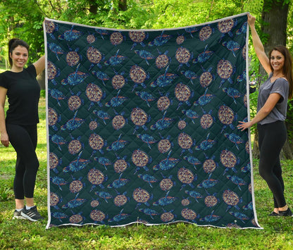 Sea Turtle Hand Drawn Blue Print Premium Quilt-JTAMIGO.COM