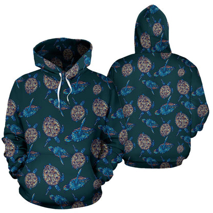 Sea Turtle Hand Drawn Blue Print Pullover Hoodie