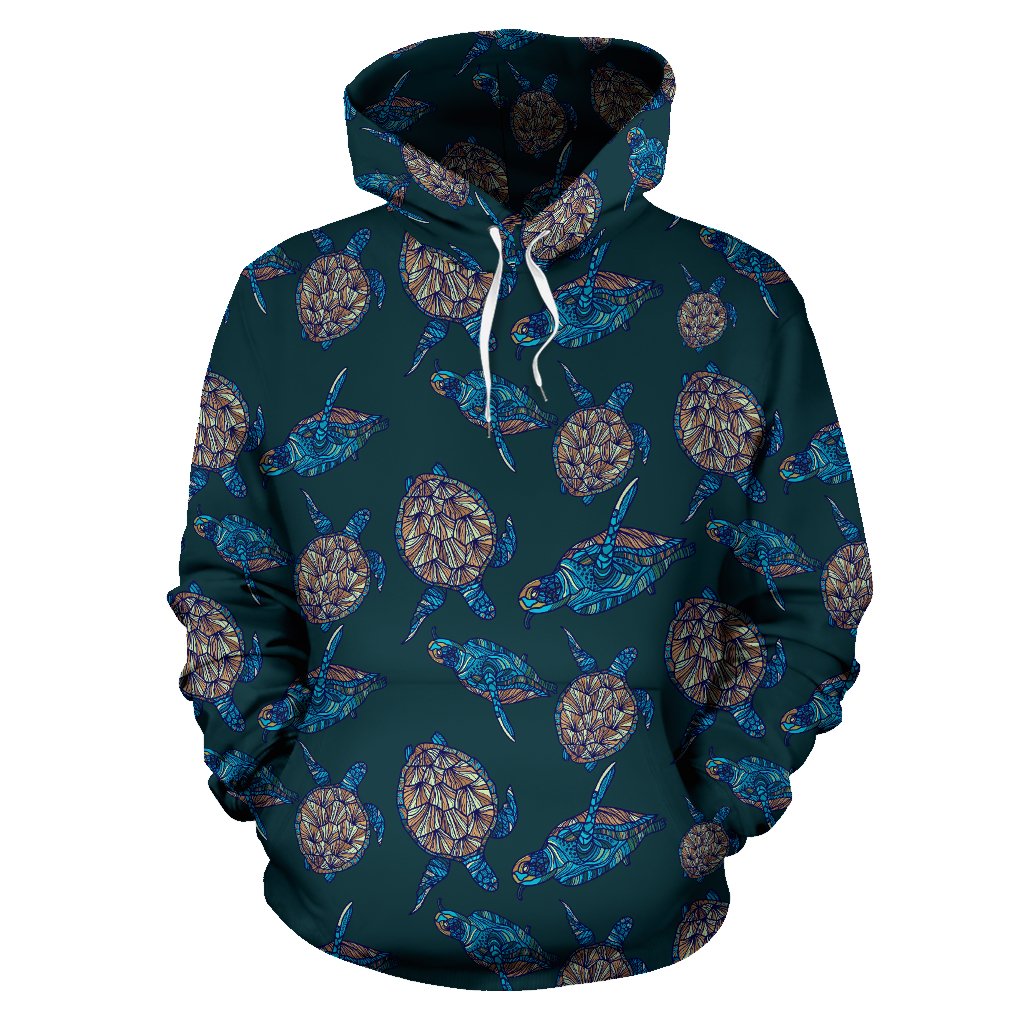 Sea Turtle Hand Drawn Blue Print Pullover Hoodie