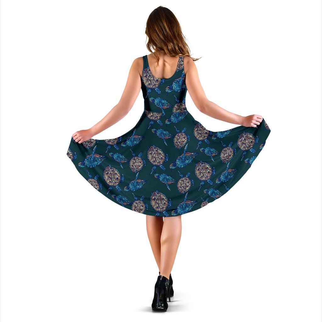 Sea Turtle Hand Drawn Blue Print Sleeveless Dress