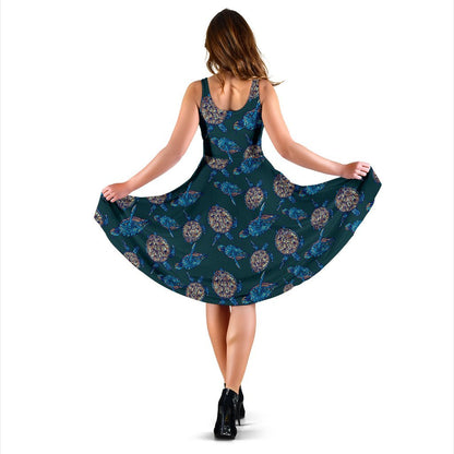 Sea Turtle Hand Drawn Blue Print Sleeveless Dress