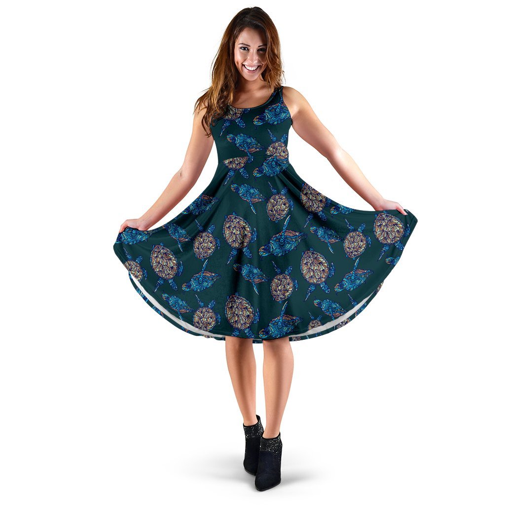 Sea Turtle Hand Drawn Blue Print Sleeveless Dress
