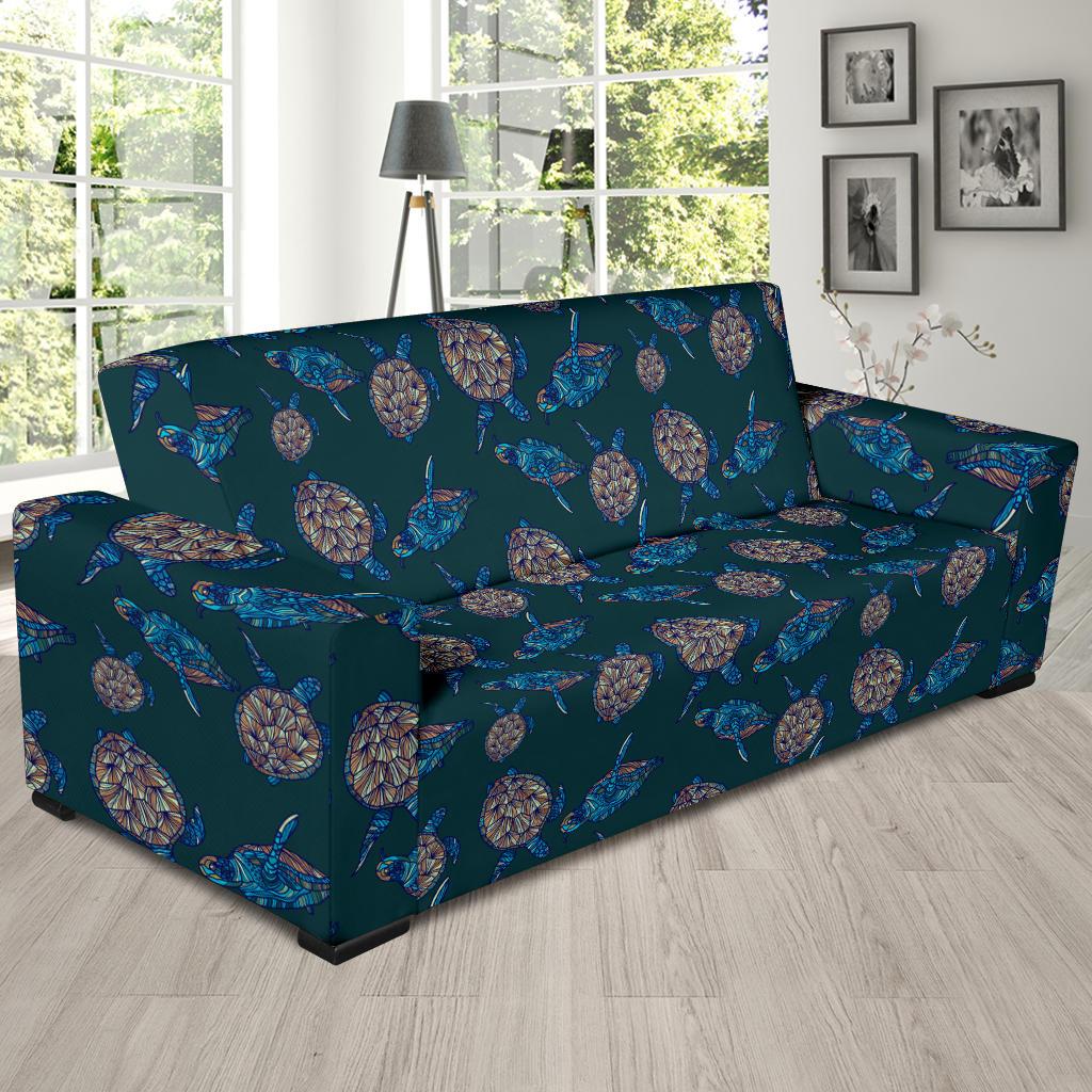 Sea Turtle Hand Drawn Blue Print Sofa Slipcover-JTAMIGO.COM