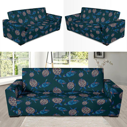 Sea Turtle Hand Drawn Blue Print Sofa Slipcover-JTAMIGO.COM